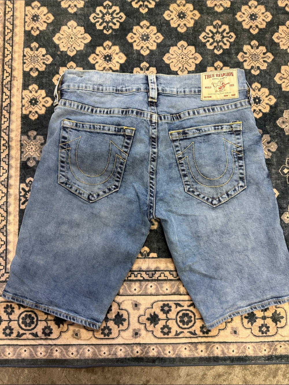 True Religion Light Blue Denim Shorts with Horseshoe Stitching